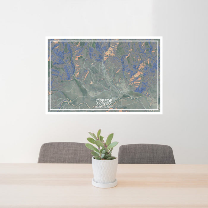 24x36 Creede Colorado Map Print Lanscape Orientation in Afternoon Style Behind 2 Chairs Table and Potted Plant