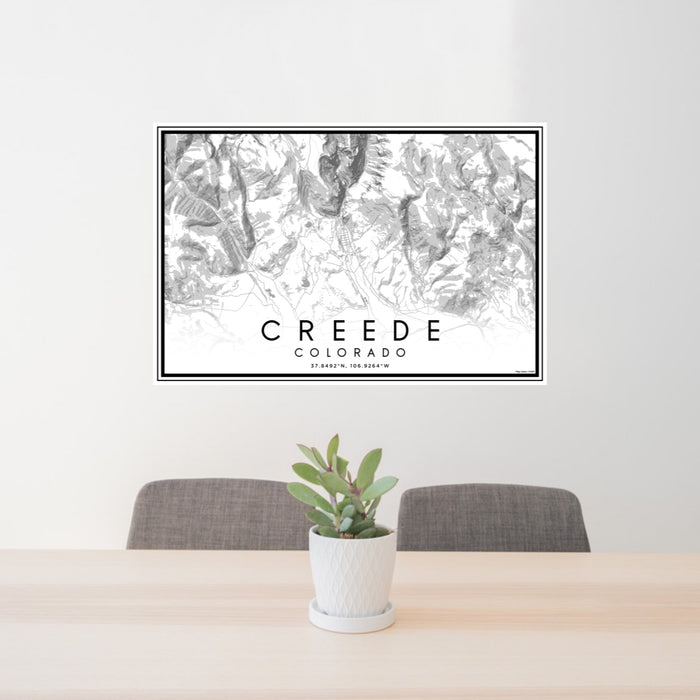 24x36 Creede Colorado Map Print Lanscape Orientation in Classic Style Behind 2 Chairs Table and Potted Plant