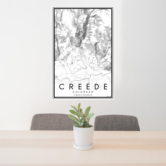 24x36 Creede Colorado Map Print Portrait Orientation in Classic Style Behind 2 Chairs Table and Potted Plant