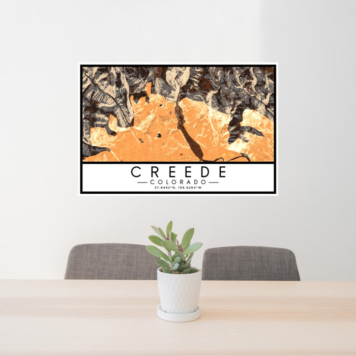 24x36 Creede Colorado Map Print Lanscape Orientation in Ember Style Behind 2 Chairs Table and Potted Plant