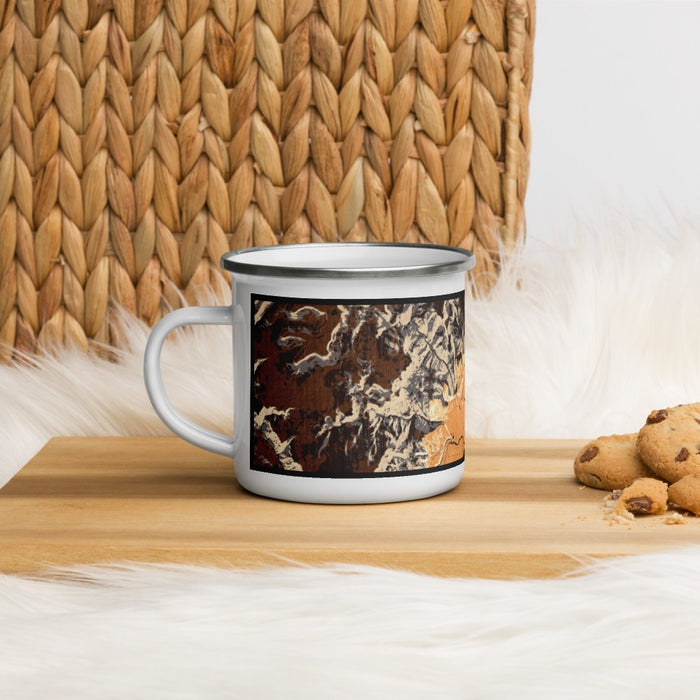 Left View Custom Creede Colorado Map Enamel Mug in Ember on Table Top
