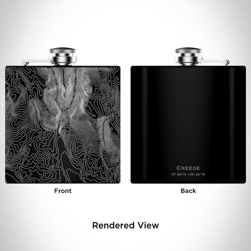 Rendered View of Creede Colorado Map Engraving on 6oz Stainless Steel Flask in Black