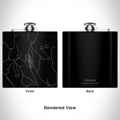 Rendered View of Creede Colorado Map Engraving on 6oz Stainless Steel Flask in Black