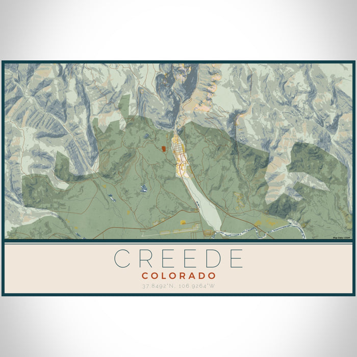 Creede Colorado Map Print Landscape Orientation in Woodblock Style With Shaded Background
