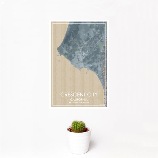 12x18 Crescent City California Map Print Portrait Orientation in Afternoon Style With Small Cactus Plant in White Planter