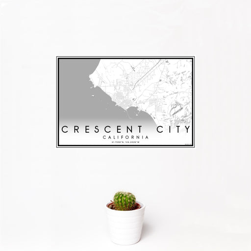 12x18 Crescent City California Map Print Landscape Orientation in Classic Style With Small Cactus Plant in White Planter
