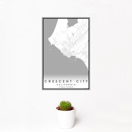 12x18 Crescent City California Map Print Portrait Orientation in Classic Style With Small Cactus Plant in White Planter