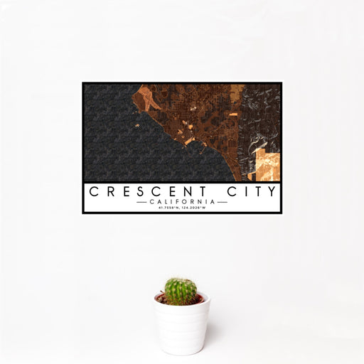 12x18 Crescent City California Map Print Landscape Orientation in Ember Style With Small Cactus Plant in White Planter