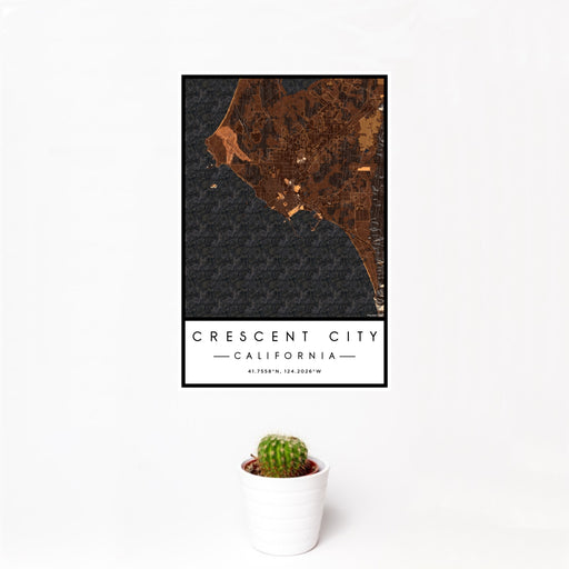12x18 Crescent City California Map Print Portrait Orientation in Ember Style With Small Cactus Plant in White Planter