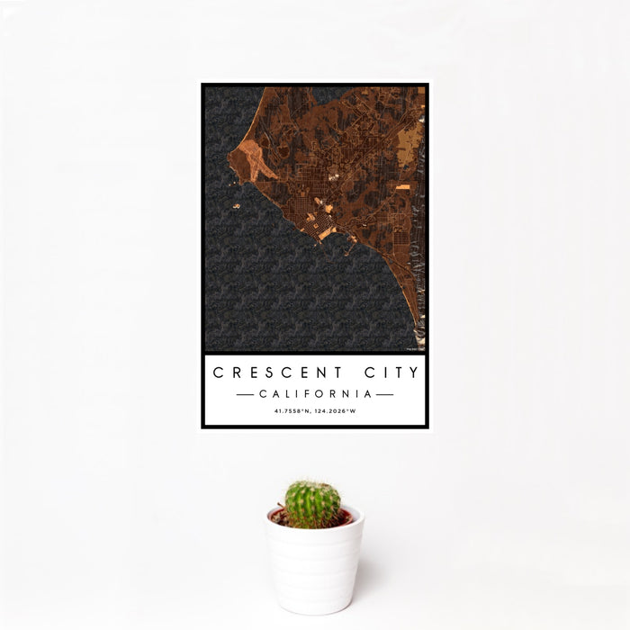 12x18 Crescent City California Map Print Portrait Orientation in Ember Style With Small Cactus Plant in White Planter