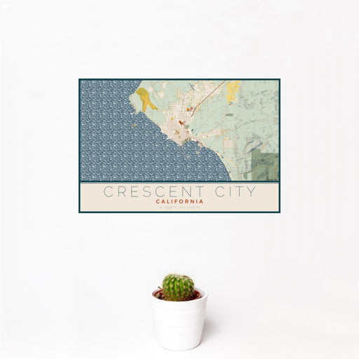 12x18 Crescent City California Map Print Landscape Orientation in Woodblock Style With Small Cactus Plant in White Planter