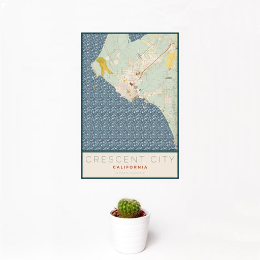 12x18 Crescent City California Map Print Portrait Orientation in Woodblock Style With Small Cactus Plant in White Planter