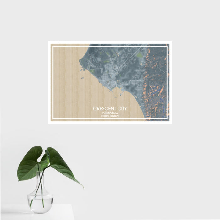 16x24 Crescent City California Map Print Landscape Orientation in Afternoon Style With Tropical Plant Leaves in Water