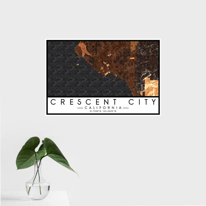 16x24 Crescent City California Map Print Landscape Orientation in Ember Style With Tropical Plant Leaves in Water