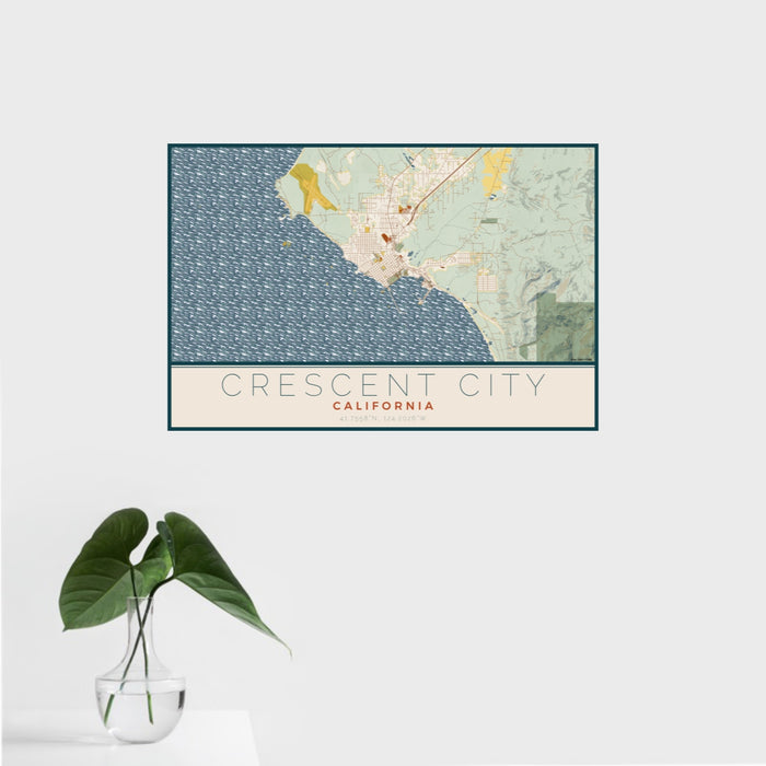 16x24 Crescent City California Map Print Landscape Orientation in Woodblock Style With Tropical Plant Leaves in Water