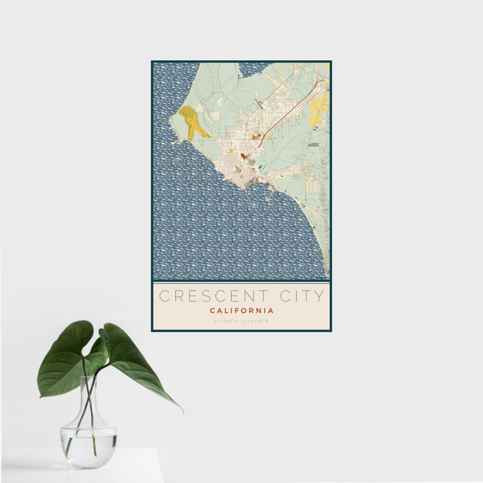 16x24 Crescent City California Map Print Portrait Orientation in Woodblock Style With Tropical Plant Leaves in Water
