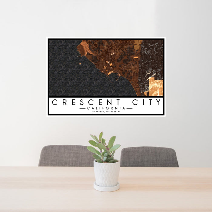 24x36 Crescent City California Map Print Lanscape Orientation in Ember Style Behind 2 Chairs Table and Potted Plant