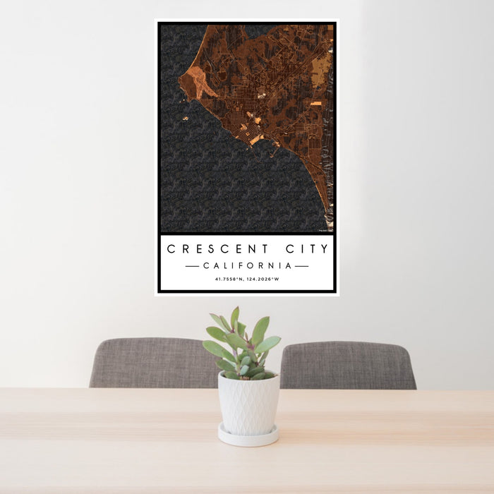 24x36 Crescent City California Map Print Portrait Orientation in Ember Style Behind 2 Chairs Table and Potted Plant