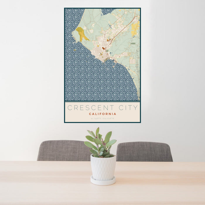 24x36 Crescent City California Map Print Portrait Orientation in Woodblock Style Behind 2 Chairs Table and Potted Plant