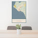 24x36 Crescent City California Map Print Portrait Orientation in Woodblock Style Behind 2 Chairs Table and Potted Plant