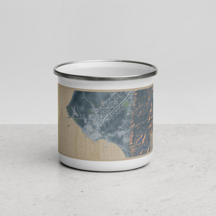 Front View Custom Crescent City California Map Enamel Mug in Afternoon