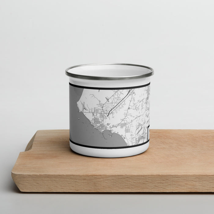 Front View Custom Crescent City California Map Enamel Mug in Classic on Cutting Board