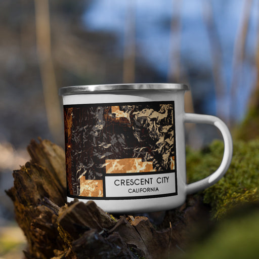 Right View Custom Crescent City California Map Enamel Mug in Ember on Grass With Trees in Background