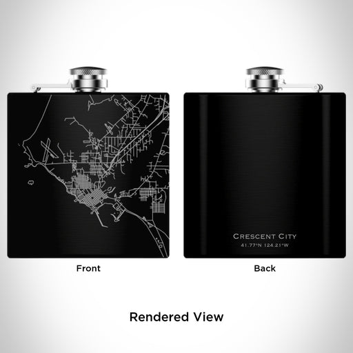 Rendered View of Crescent City California Map Engraving on 6oz Stainless Steel Flask in Black