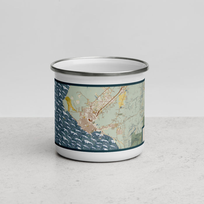 Front View Custom Crescent City California Map Enamel Mug in Woodblock