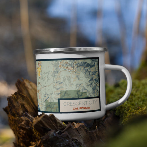 Right View Custom Crescent City California Map Enamel Mug in Woodblock on Grass With Trees in Background