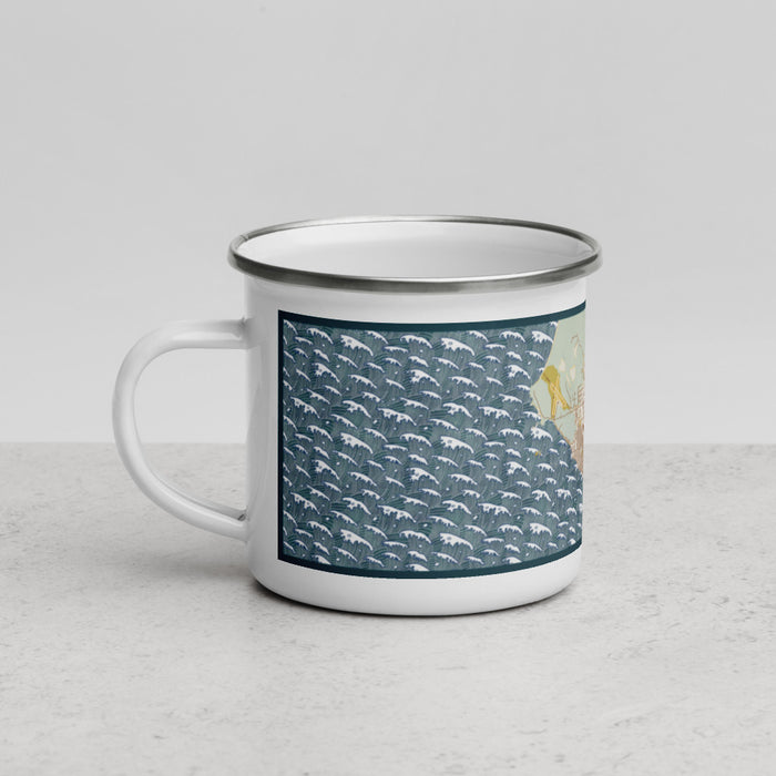 Left View Custom Crescent City California Map Enamel Mug in Woodblock