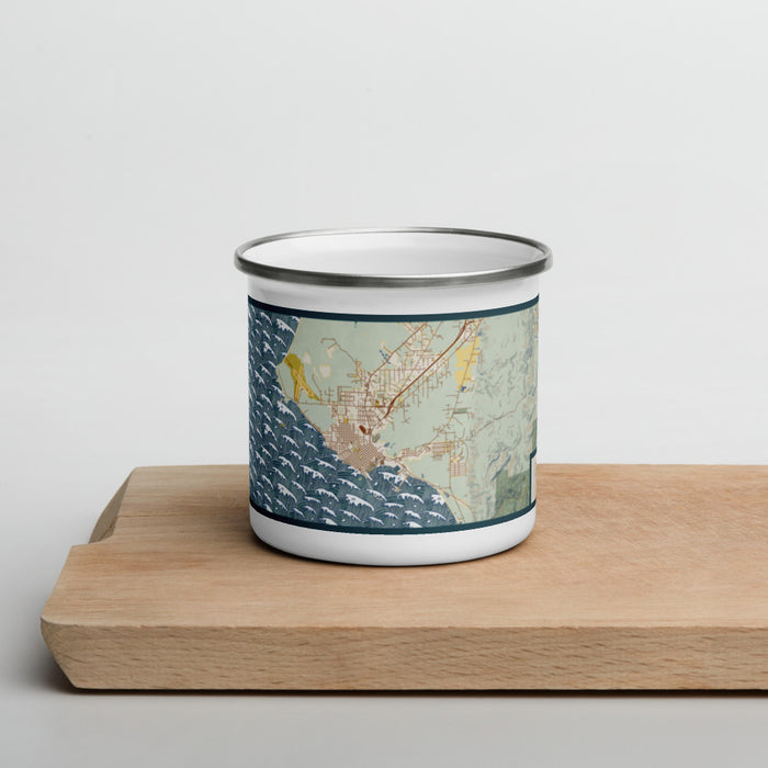 Front View Custom Crescent City California Map Enamel Mug in Woodblock on Cutting Board