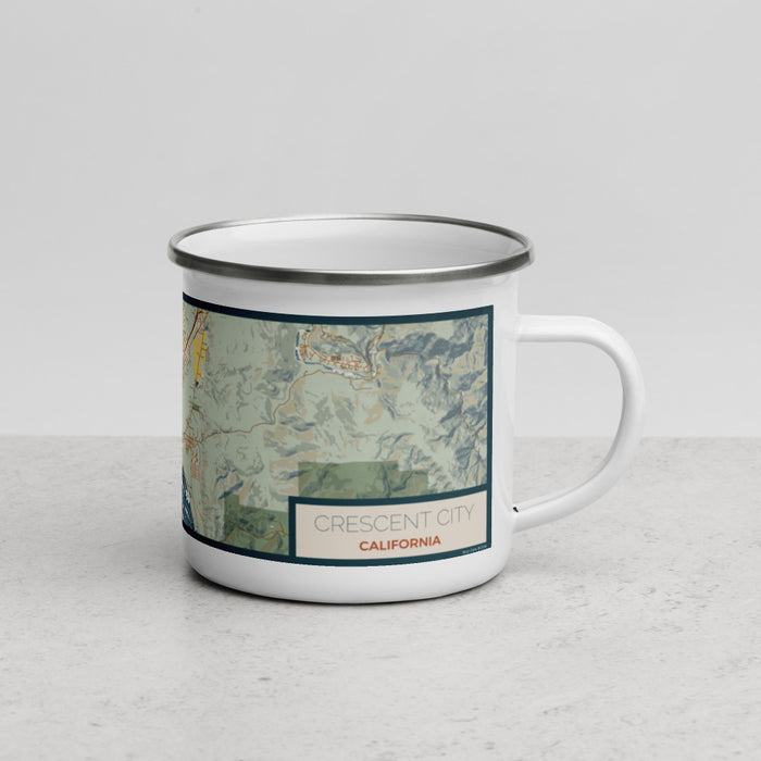 Right View Custom Crescent City California Map Enamel Mug in Woodblock