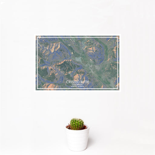 12x18 Crested Butte Colorado Map Print Landscape Orientation in Afternoon Style With Small Cactus Plant in White Planter