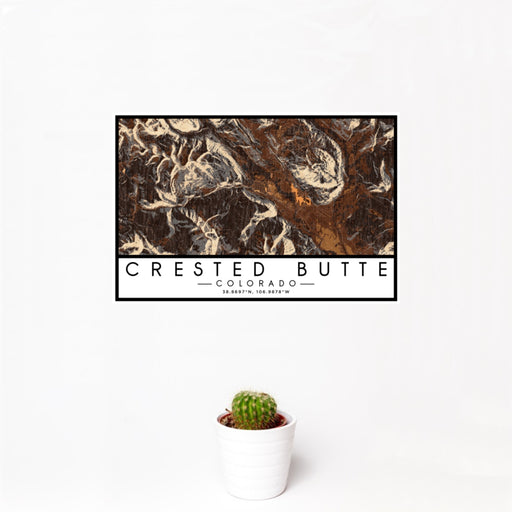 12x18 Crested Butte Colorado Map Print Landscape Orientation in Ember Style With Small Cactus Plant in White Planter