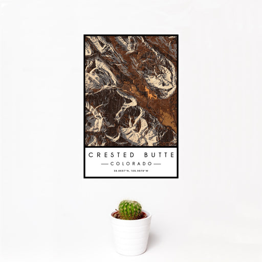 12x18 Crested Butte Colorado Map Print Portrait Orientation in Ember Style With Small Cactus Plant in White Planter