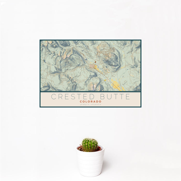 12x18 Crested Butte Colorado Map Print Landscape Orientation in Woodblock Style With Small Cactus Plant in White Planter
