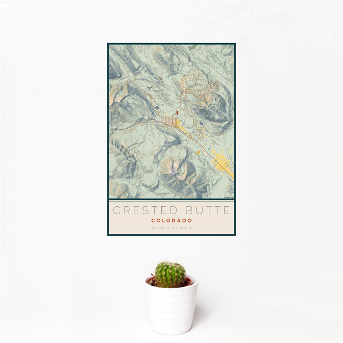 12x18 Crested Butte Colorado Map Print Portrait Orientation in Woodblock Style With Small Cactus Plant in White Planter