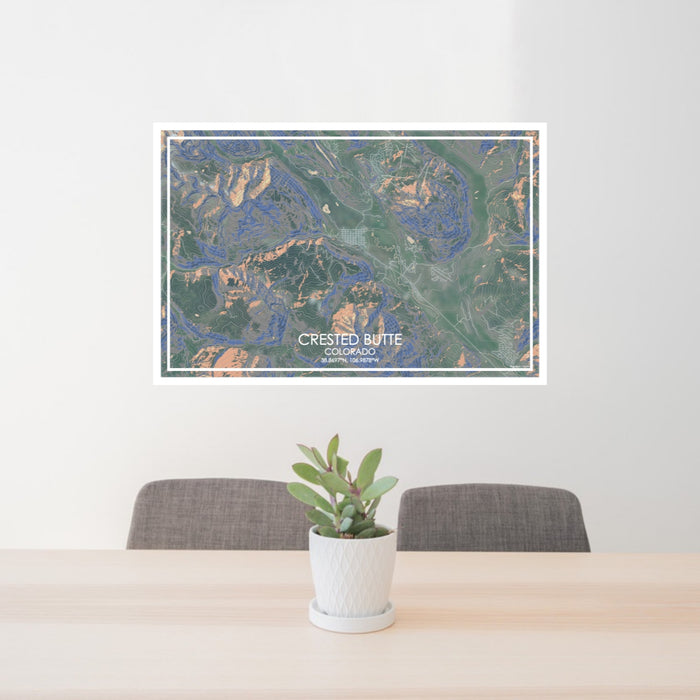 24x36 Crested Butte Colorado Map Print Lanscape Orientation in Afternoon Style Behind 2 Chairs Table and Potted Plant
