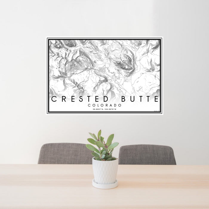 24x36 Crested Butte Colorado Map Print Lanscape Orientation in Classic Style Behind 2 Chairs Table and Potted Plant