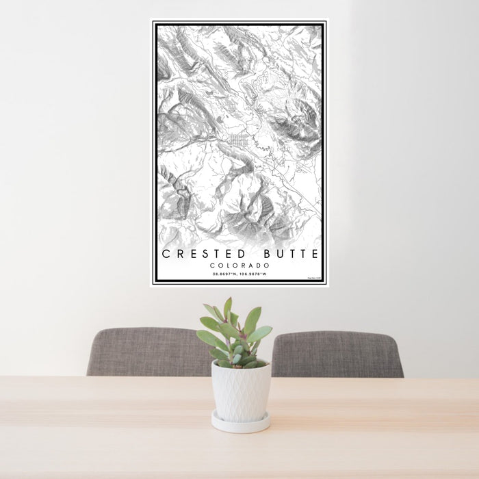 24x36 Crested Butte Colorado Map Print Portrait Orientation in Classic Style Behind 2 Chairs Table and Potted Plant
