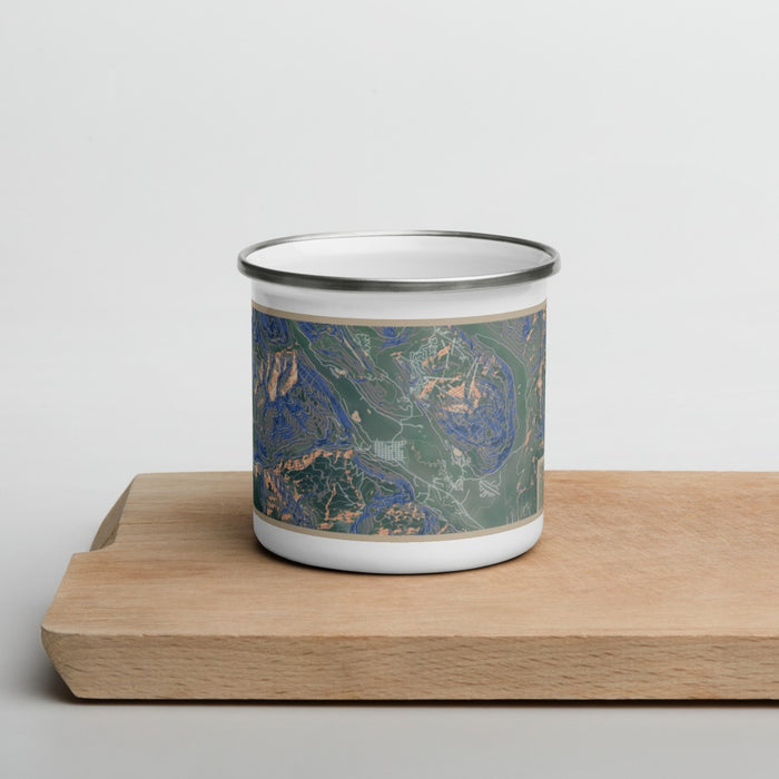 Front View Custom Crested Butte Colorado Map Enamel Mug in Afternoon on Cutting Board