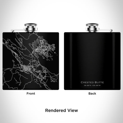 Rendered View of Crested Butte Colorado Map Engraving on 6oz Stainless Steel Flask in Black