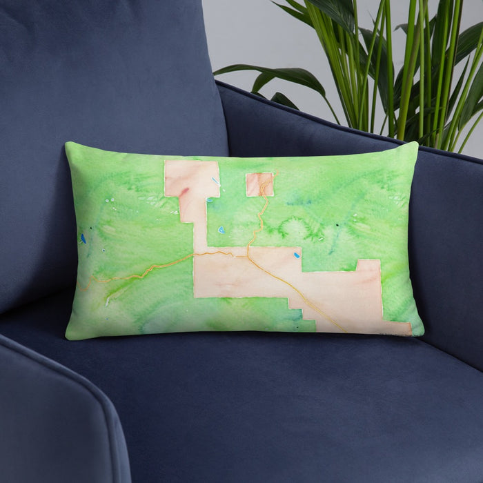 Custom Crested Butte Colorado Map Throw Pillow in Watercolor on Blue Colored Chair