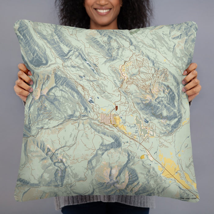 Person holding 22x22 Custom Crested Butte Colorado Map Throw Pillow in Woodblock