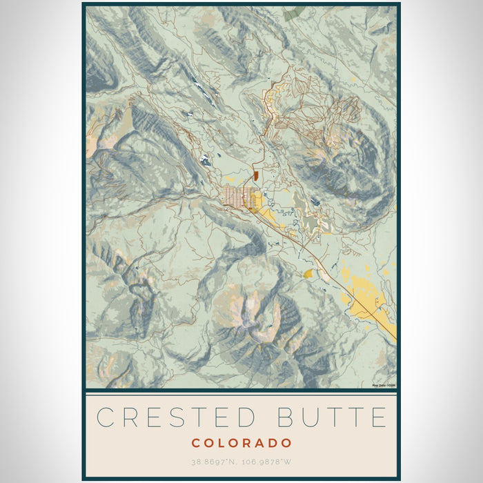 Crested Butte Colorado Map Print Portrait Orientation in Woodblock Style With Shaded Background