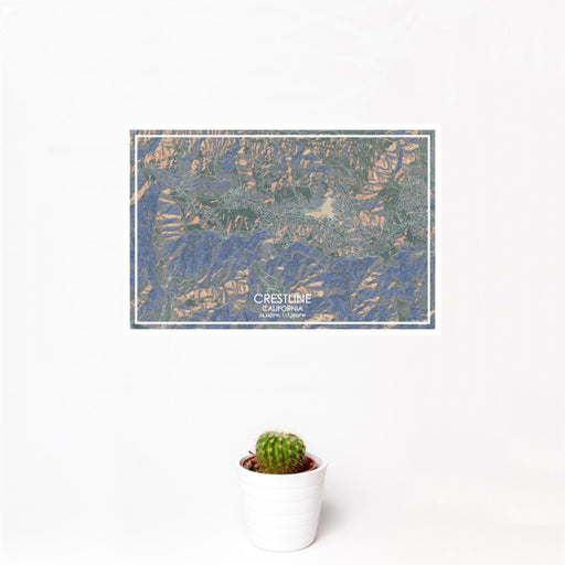 12x18 Crestline California Map Print Landscape Orientation in Afternoon Style With Small Cactus Plant in White Planter