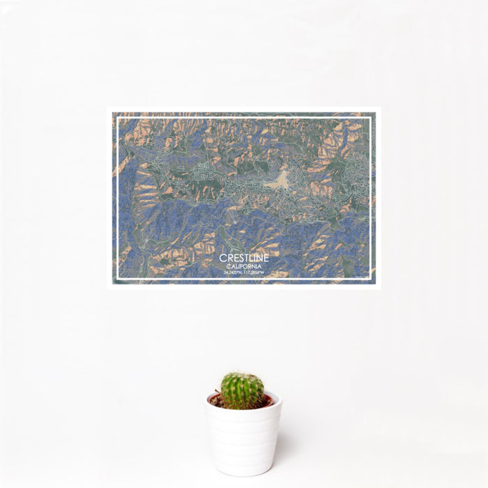 12x18 Crestline California Map Print Landscape Orientation in Afternoon Style With Small Cactus Plant in White Planter