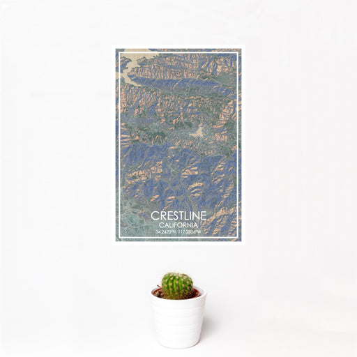 12x18 Crestline California Map Print Portrait Orientation in Afternoon Style With Small Cactus Plant in White Planter