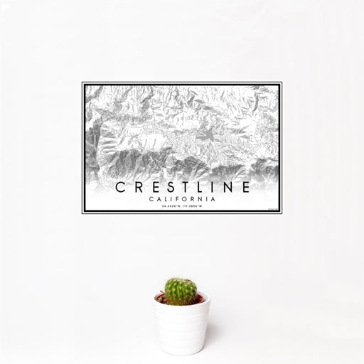 12x18 Crestline California Map Print Landscape Orientation in Classic Style With Small Cactus Plant in White Planter